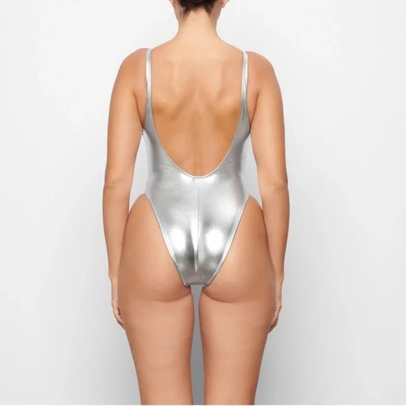Skims Silver Metallic High Cut One Piece Swimsuit Nickel 3X 2XL XXL Baywatch - Picture 3 of 12
